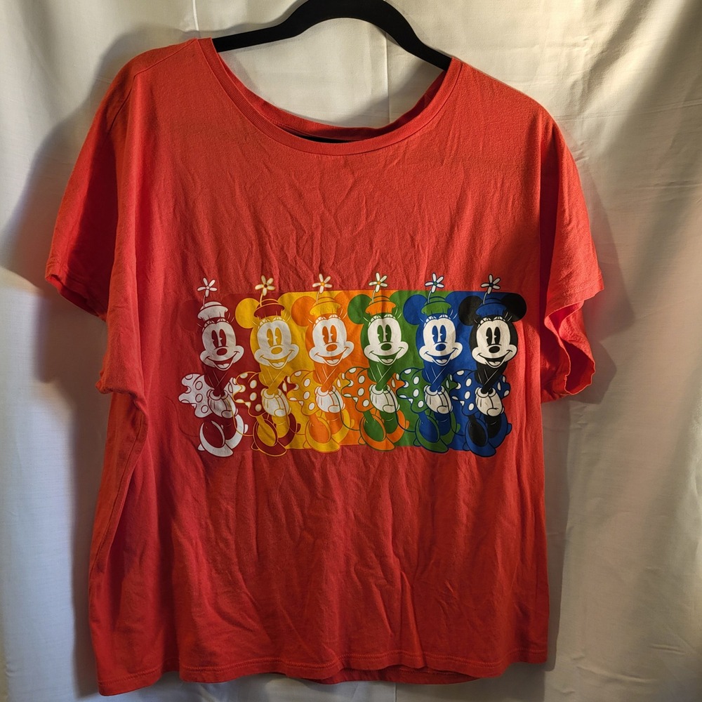 Disney Parks Minnie Mouse Rainbow Pride‎ T Shirt Women's Size Large Orange